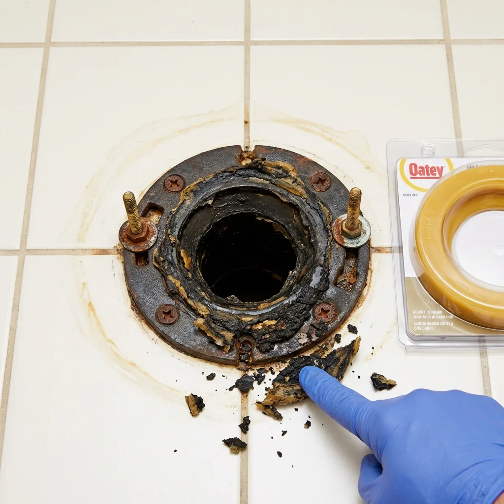 Failed wax ring showing water seepage at the base of a toilet in a Berlin, NH home