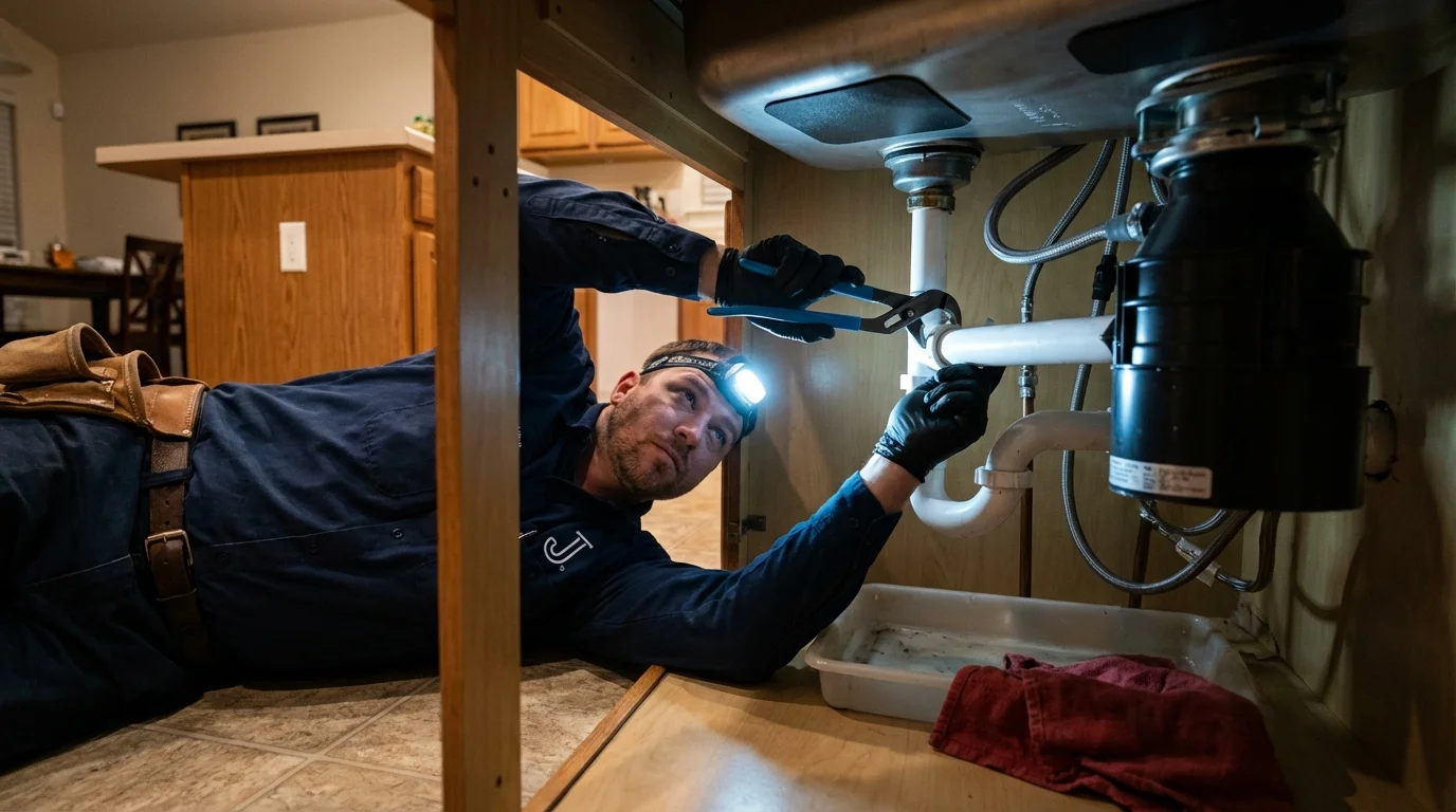 P-trap and supply line connections under a kitchen sink showing a common leak point in Berlin, NH